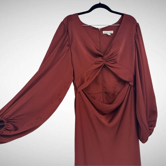 Shona Joy Luxe Twist Ballon Sleeve Cut Out Midi Dress Size US 10 AU 14 Sangria - Picture 3 of 10